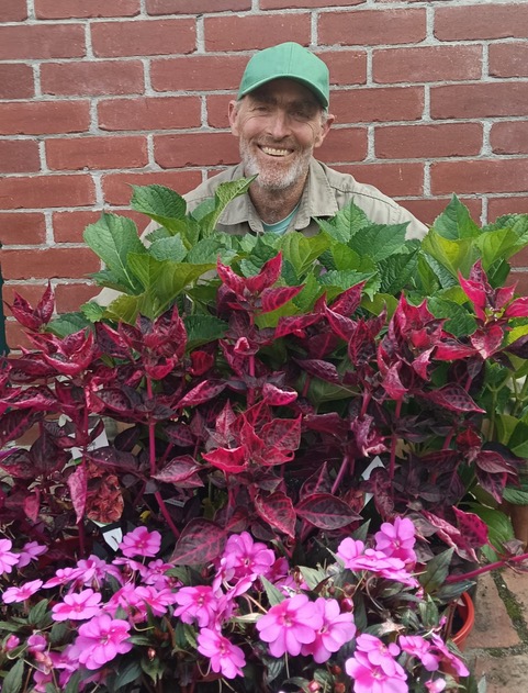 Matt Carlin of Enhanced Gardens smiling behind a display of pink flowering plants